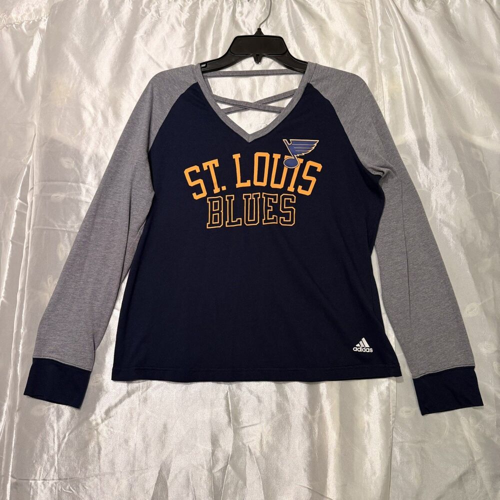 adidas Navy & Gray St. Louis Blues Long Sleeve V-Neck Womens XL NHL Hockey
